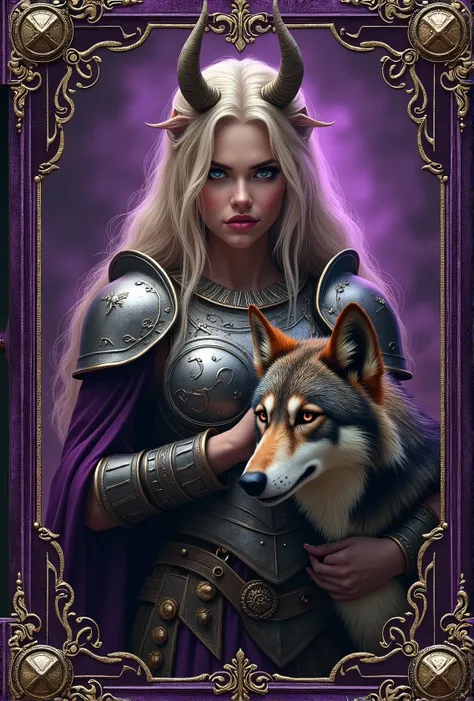 A bewitching female demon with a ferocious wolf。 blonde alone。Ancient Roman Armor。 purple arabesque framed card。