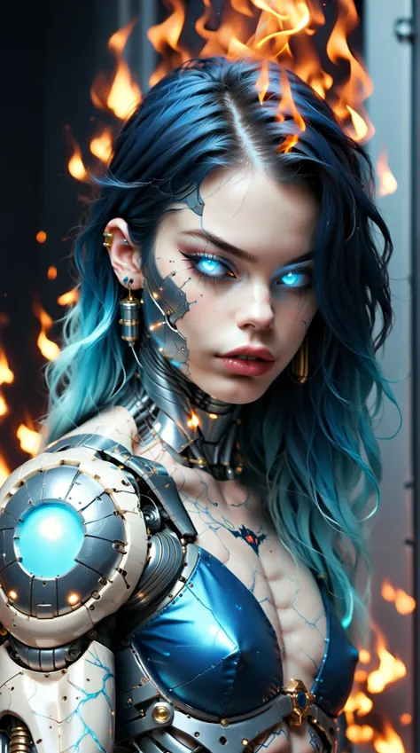 score_9, score_8_up, score_7_up, (Three quarters Shot), (1 girl), (asian), beautiful teenage (skinny) muscular goth cyborg girl, (blue burning cyborg body:1.5), (black sclera:1.5), (blue glowing eyes:1.5), (blue glowing fire veins:1.5), (flat chest:1.25), ...