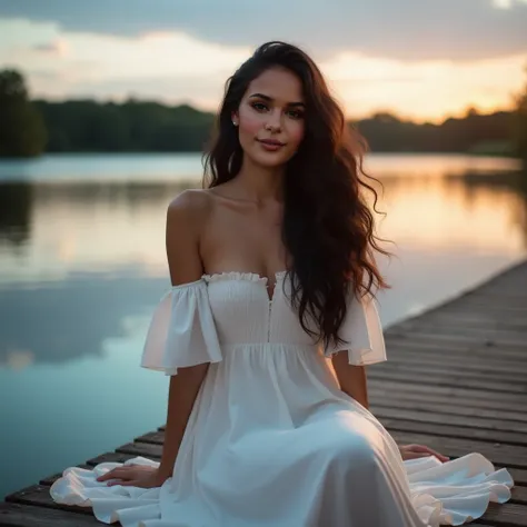 A portrait of a young Latina woman, 30 years old, sitting gracefully on a wooden dock by a tranquil lake. She is wearing a white off-the-shoulder dress with delicate ruffled sleeves and a flowing skirt that drapes elegantly around her. Her long, wavy black...