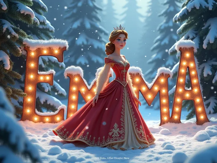  Create a poster ultra réaliste et détaillé  with textured letter-by-letter writing  "EMMA "En FRANÇAIS ET EN majuscule.  In a Disney 4D style . 
 Theme PRINCESSE ET NOËL..