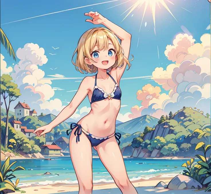 （ cute girl :1.3）、 smile,Summer atmosphere、 Metallic Blue Pearl Bikinis、 golden hair 、　(3)， blue sky，small breasts， flat chested，(( for light, thin hair color)), ( very detailed), (High-definition CG synthesis 8K wallpaper), 高いly detailed,   high resolutio...