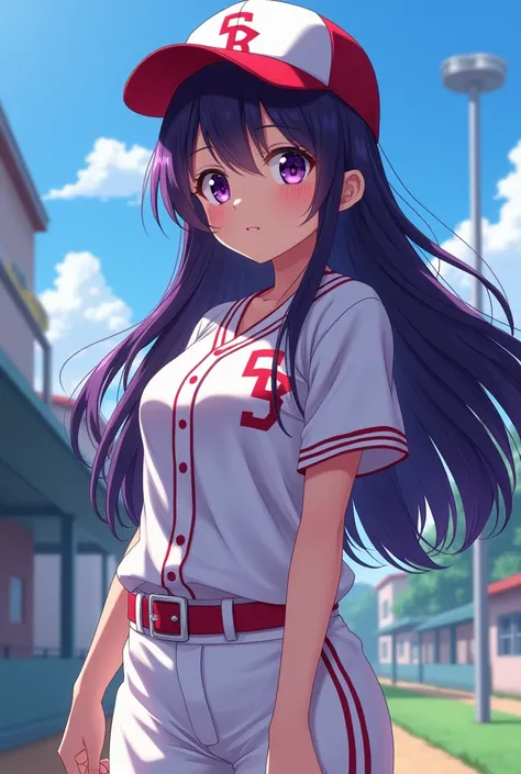 Japanese animation style、High school girl、Baseball uniform 、 Baseball Cap 、Dark Purple Long Hair、 purple pupils