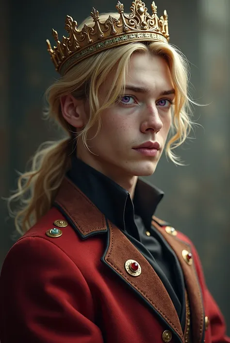 Handsome young man, with blonde hair, purple eyes, shoulder-length hair, wearing a vintage emperor coat, has a crown on the head, realistic. manly