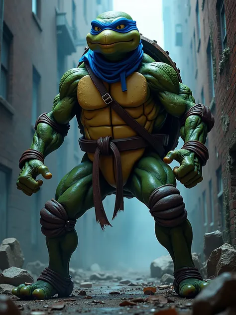 horror, stylized art, anatomical focus, Leonardo the Ninja Turtle, blue bandana, wild eyes, combat stance, intense facial expression, exaggerated muscles and proportions, dark gothic setting, ominous shadows, broken bricks and shattered glass around him, d...