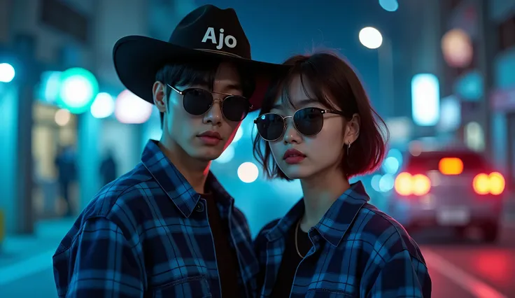 Create an artistic arafed close up face of a male and female korean on the street styled in the same outfit thai pattern: a blue plaid button-up shirt over a black undershirt, paired with black pants. , with short tousled hair, wearing sunglasses and a cow...