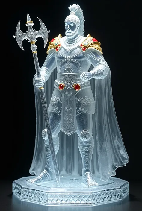  Sekihu Statue ，Full body portrait，Carving Detail . The halberd is held in his left hand.  Made of Glass , translucent,  Decorated in small gold and red.  Beautiful and exquisite detail ,  Flashing Glow .  The finest glass art .