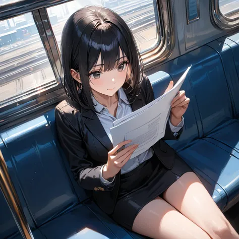 (masterpiece:1.2), high quality, high resolution, attention to detail, 4K, 8K, illustrative realism, dazzling sunlight, 1woman is sitting on a train seat, train have long horizontal seats along the walls, reading documents with a focused expression, angle ...