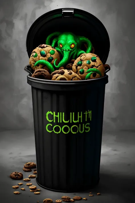 Cthulhu in a metal garbage can eating cookies, digital painting, horror themed, trending on ArtStation, ultra detailed, ultra high resolution, 8k