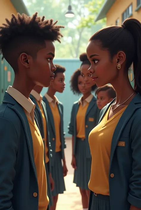 Two groups of caribbean students of opposite sex looking at each other in school. Males on the left and females on the right. Students are in uniforms.