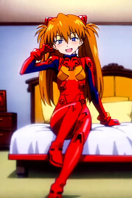 (( top quality)), ((masterpiece)), (be familiar with),  perfect face, indoor, bedroom,  watching viewers ,
One woman,  Soryu Asuka Langley,
 open mouth,  with an ecstatic expression , blush, smile,
 small tits,  flat chested, Young girl, Lori,  s,  girl,
 ...