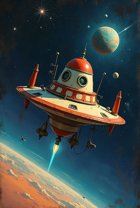 Akira Toriyama style of painting, manga, Japanese anime, A toy space station like the one from Dr. Slump Arare-chan, (tin toy space station:1.3), (wind-up toy space station,mainspring key is attached:1.7), (floating in space:1.4), an old and rusty space st...