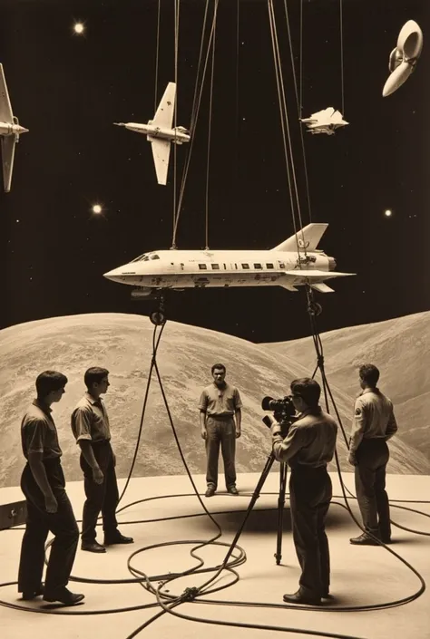 Super realistic photograph, Old photo style, sepia photography. Special effects photography of Thunderbird 5 that is an Earth-orbiting space station. This is a scene from a 1960s puppet show where a special effects scene of a space station is being shot fo...