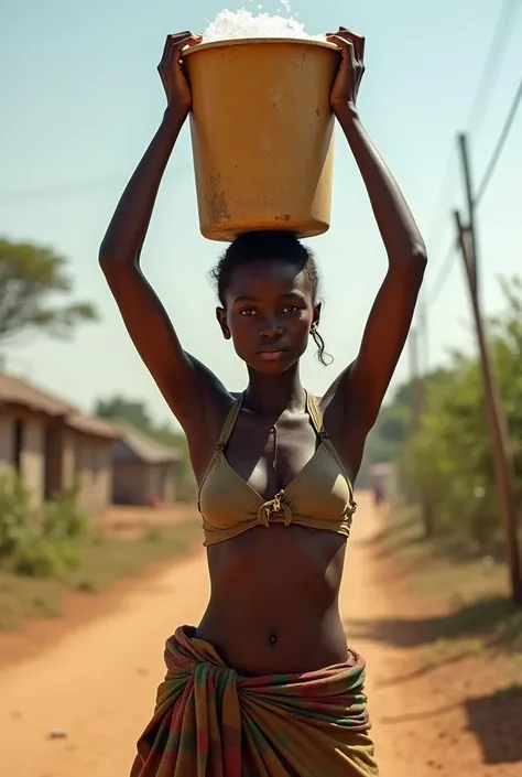 African teenage girl With bra carrying bucket of water on the head full body 