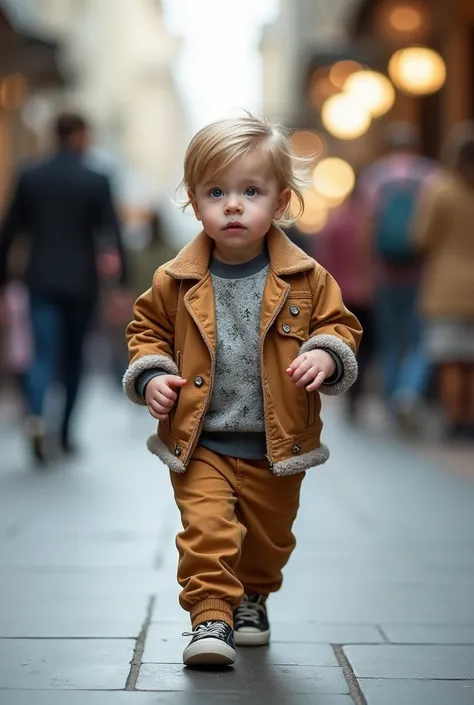 Baby stylish outfit and stylish watch walking in public 