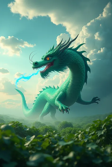 (The main subject: wide wide shot), The flame  light blue,[Multicolored,(Chinese dragon anthropomorphism)Emerald green scales], sharp talons,safe,dramatic clouds,(Go deep into the fields), Rich details​, (Wide sky), (sense of vastness),Energy and vitality,...