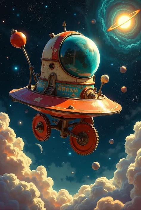 Akira Toriyama style of painting, manga, Japanese anime, A toy space station like the one from Dr. Slump Arare-chan, (tin toy space station:1.3), (wind-up toy space station,mainspring key is attached:1.7), (floating in space:1.4), an old and rusty space st...