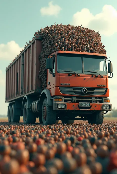 A very large truck with thousands upon thousands of cute little people sitting on it and running through the site. The picture looks real.