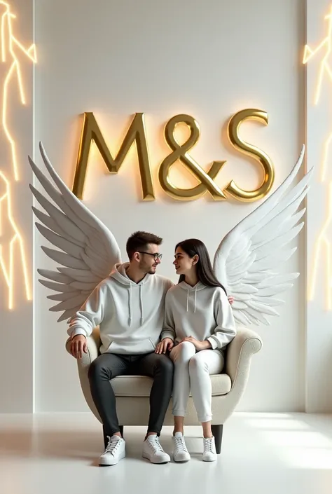 
Create a realistic 3D image of a casually dressed white couple on a wing chair, with a hoodie, sneakers and glasses. The boy looks forward, the background showing "M&S" in large, golden fonts on a white lightning wall. There should be no shadow and add wi...