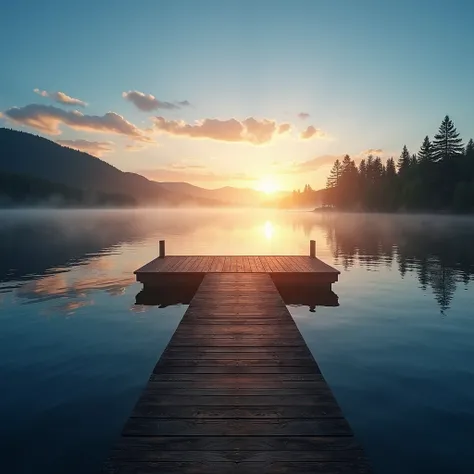 A tranquil lake surrounded by a peaceful natural landscape at sunset. The wooden dock extends gracefully over the calm water, which reflects the hues of the evening sky. The sky transitions from vibrant blue near the horizon to soft shades of amber and gol...