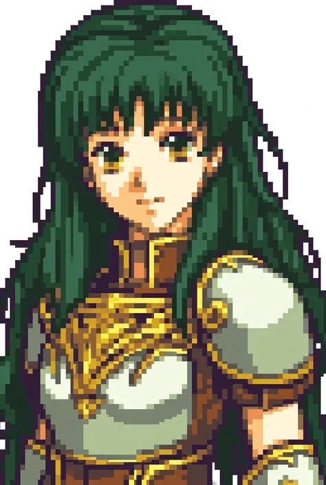 solo focus, (FE10-Style, Halfbody, No Frames:1.1), simple background, cute, long haired, princess, Dark Green hair, Amber eyes, Armor, Lion emblem