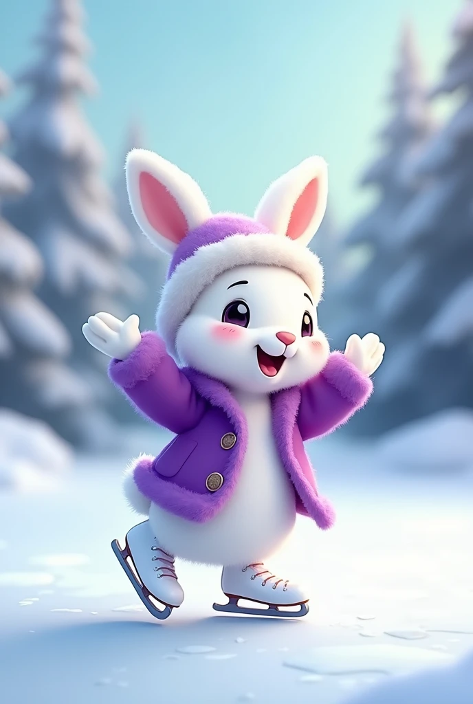 Winter White hare purple fur coat , and a white hat naga skates white .  draw cartoon different poses rejoices, dress , dances