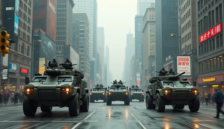  A hyperrealistic and detailed image . We see in the image a caravan of military vehicles through the streets of a large city with heavy weapons, year 2024