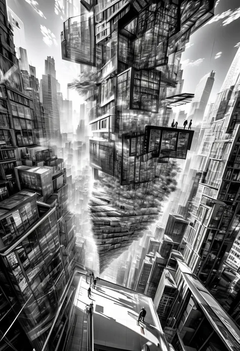 double exposure, the fusion of two-dimensional and three-dimensional, cross-fading images, a 2D fragile beauty drawn in monochrome line art, the hustle and bustle of the 3D city depicted in ultra-realistic color images, effective effects, bold and dynamic,...