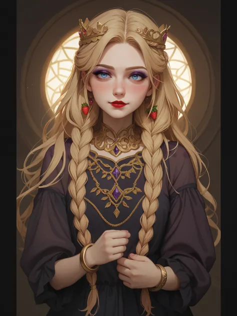 1woman, pretty face, gorgeous blue eyes, strawberry blonde crown braids, loose dress, bright pink blush, blonde adult, 30-years old woman, humble face, confident eyes, has a crush on you, golden bracelets, sleek golden armlets, pale matte lipstick, matte s...