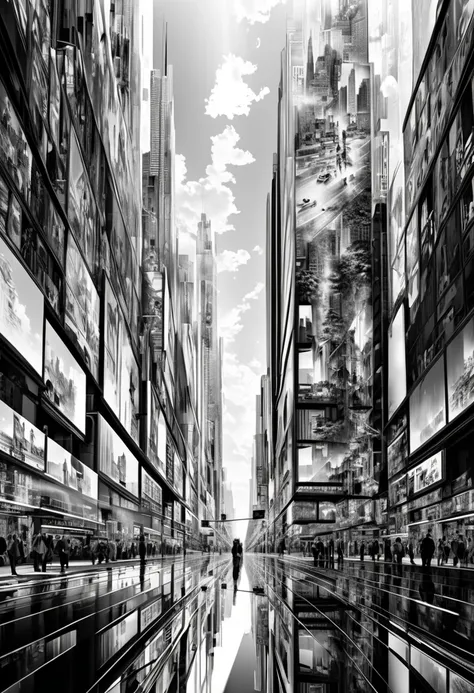 double exposure, the fusion of two-dimensional and three-dimensional, cross-fading images, a 2D fragile beauty drawn in monochrome line art, the hustle and bustle of the 3D city depicted in ultra-realistic color images, effective effects, bold and dynamic,...