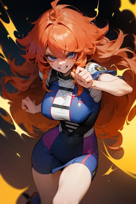 Mereoleona　  orange hair、Hanging eyes、bangs、 winks、long hair,  Idiot hair at the top of the head 、Big Breasts ,  blue eyes, Thighs、look,  get angry、Anatomically Correct  ,   Punch on the screen、Her hands are burning  、Line of sight、 grin 、she haves fang