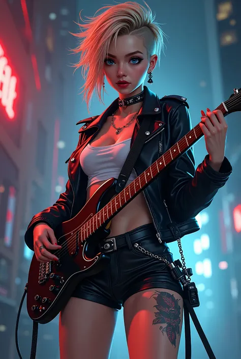 Anime fantasy concept, dark anime fantasy , Rocker girl wearing a leather jacket, slim body shape、thick thighs, Normal bust size、 highly realistic photograph, fullbody、, １two electric guitars, clothes with spikes,white tank top、Navel exposed、leather shorts...