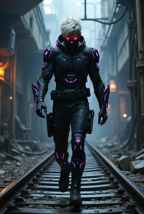 Raven | man | 32 |  Black Combat Suit with Purple Lights and Technological Mask |  messy white hair  |  Illuminated Red Eyes  | Underground city | Illuminated Tunnels ,  Abandoned Train Tracks ,  Technological Equipment  |  cyberpunk, Mysterious, futurist.