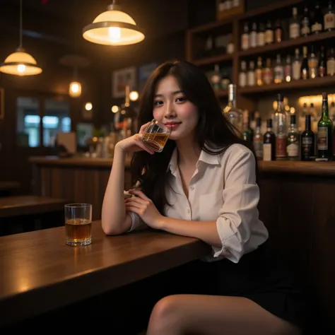 A highly realistic image of a korean girl with long hair wearing white shirt and black miniskirt sitting in a dark bar drinking whiskey,  In an empty and dimly lit whiskey bar in korea. she slumps over a worn wooden counter, her hand loosely grips a glass ...