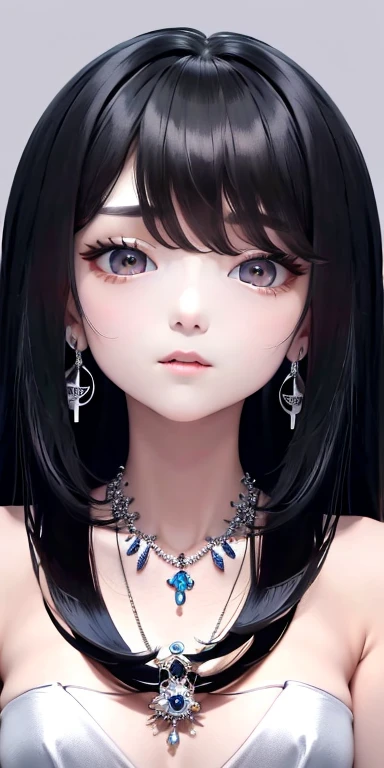  Top quality masterpiece illustration 、 Hair with dark eyes   、Wearing multiple necklaces、Wearing earrings、Lift your head  、  from a backwards perspective ， A lovely elegant face with hair is beautiful、More hair details、Wide Angle、 Color illustrations 、Wea...