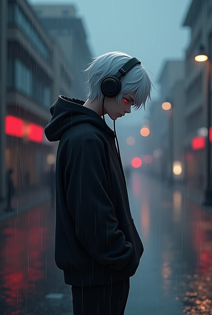 Sad male 3D character looking at the floor standing in the rain with head phones and black hoodie with white hair and red eyes, Background of a motionless avenue ,  dimmed only the lights of the poles and traffic lights .