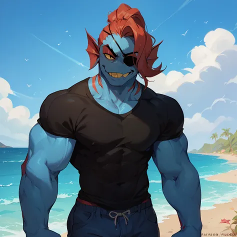 undyne, undertale, male, anthro, solo, facing viewer, smirking, wide hips, standing, casual pose, hyper muscle, eye patch, neck gills, yellow teeth, blue skin, black tshirt, trunks, beach, sunny day,