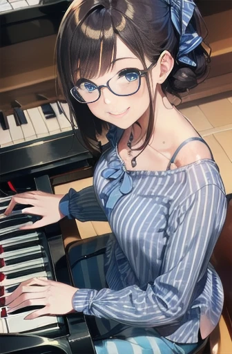  (((Music Room)))((( leaning on a piano :1.5)))、 Mature Woman 、  top quality、 超 high image quality 、  high image quality 、High quality CG 、8K wallpaper、Age 30、  with beautiful details 、  wearing black-rimmed glasses 、((  straight bob hair up to the shoulde...