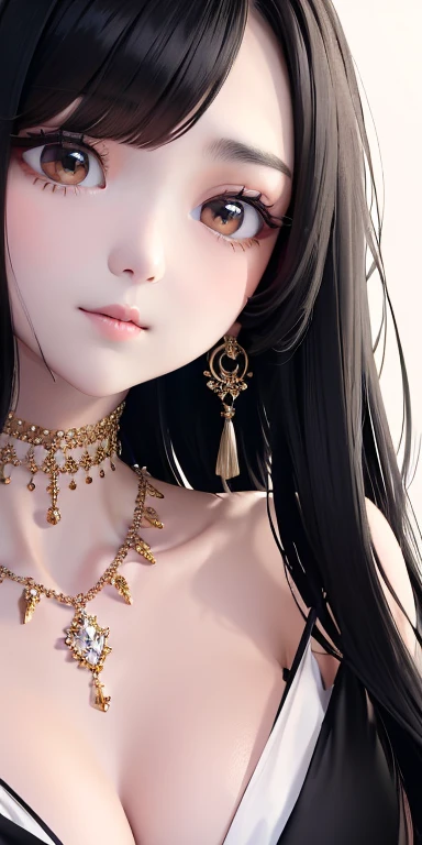  Top quality masterpiece illustration 、 Hair with dark eyes   、Wearing multiple necklaces、Wearing earrings、Lift your head  、  from a backwards perspective ， A lovely elegant face with hair is beautiful、More hair details、Wide Angle、 Color illustrations 、Wea...