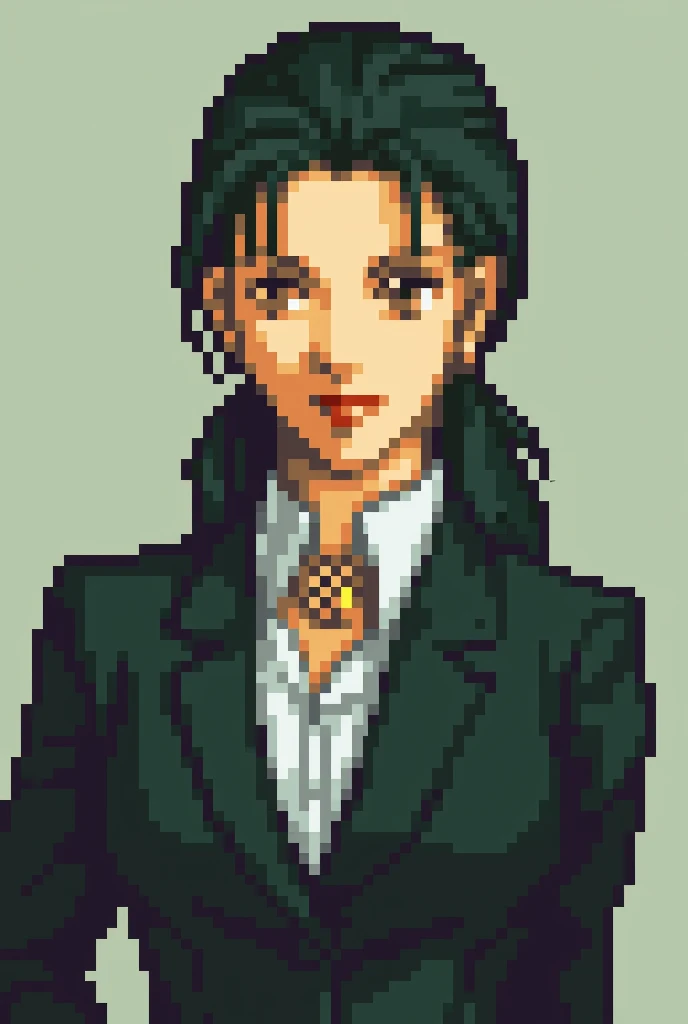 solo focus, (Halfbody, No Frames:1.1), simple background, pony tail, Dark Green hair, Amber eyes, merchants suit, female