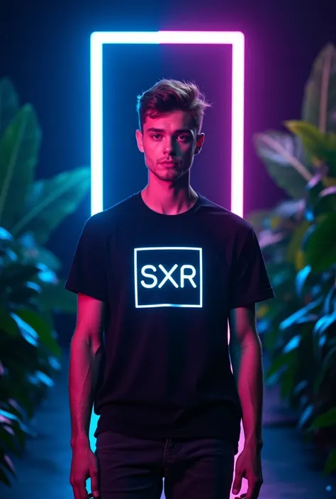 Fashion runway photo The SXR brand, a handsome young Inter model, wearing a black T-shirt, a glowing SXR screen, designs against a backdrop that combines naturalness and modernity, with dark green tropical plant leaves reflecting light lining the entire su...