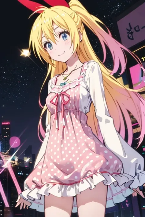 ,chitoge kirisaki smile, waring a pink polka dot dress, necklace, standing, polka dot dress, puffy shirt sleeves, collarbone, 