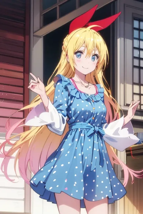 ,chitoge kirisaki smile, waring a pink polka dot dress, necklace, standing, polka dot dress, puffy shirt sleeves, collarbone, 