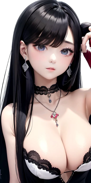  Top quality masterpiece illustration 、 Hair with dark eyes   、Wearing multiple necklaces、Wearing earrings、Lift your head  、  from a backwards perspective ， A lovely elegant face with hair is beautiful、More hair details、Wide Angle、 Color illustrations 、Wea...