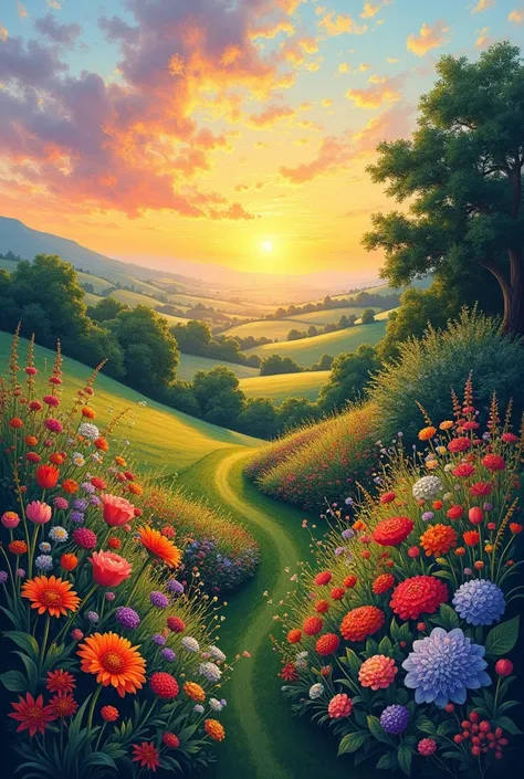 

2. " Flowering Garden "  - An impressionist composition of a colorful garden full of flowers ,  with a vibrant color palette and a sense of movement .

3. " Sunset in the Countryside "  - A painting that portrays the warm golden and orange tones of the s...