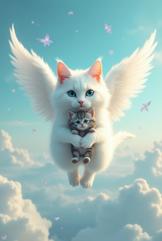 A white cat with wide white wings is flying into the sky, holding a fluffy gray kitten with aquamarine eyes 