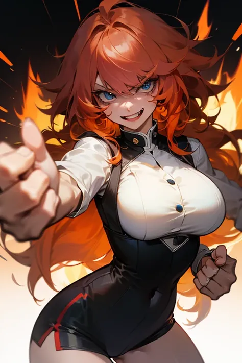 Mereoleona　  orange hair、Hanging eyes、bangs、 winks、long hair,  Idiot hair at the top of the head 、Big Breasts ,  blue eyes, Thighs、look,  get angry　、Anatomically Correct  ,   Punch on you、Her hands are fire  、Line of sight、 grin 、she haves fang