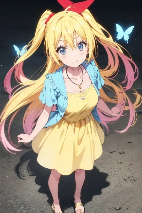 ,chitoge kirisaki smile, waring a butterfly dress, necklace, standing, yellow dress, short sleeves, collarbone, Looking at viewer, High Quality, Best Quality, HD, 