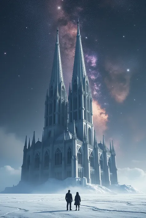 Cathédrale Notre-Dame de Paris in Antarctica with 2 people and make the sky like the galaxy but make it with less detais
