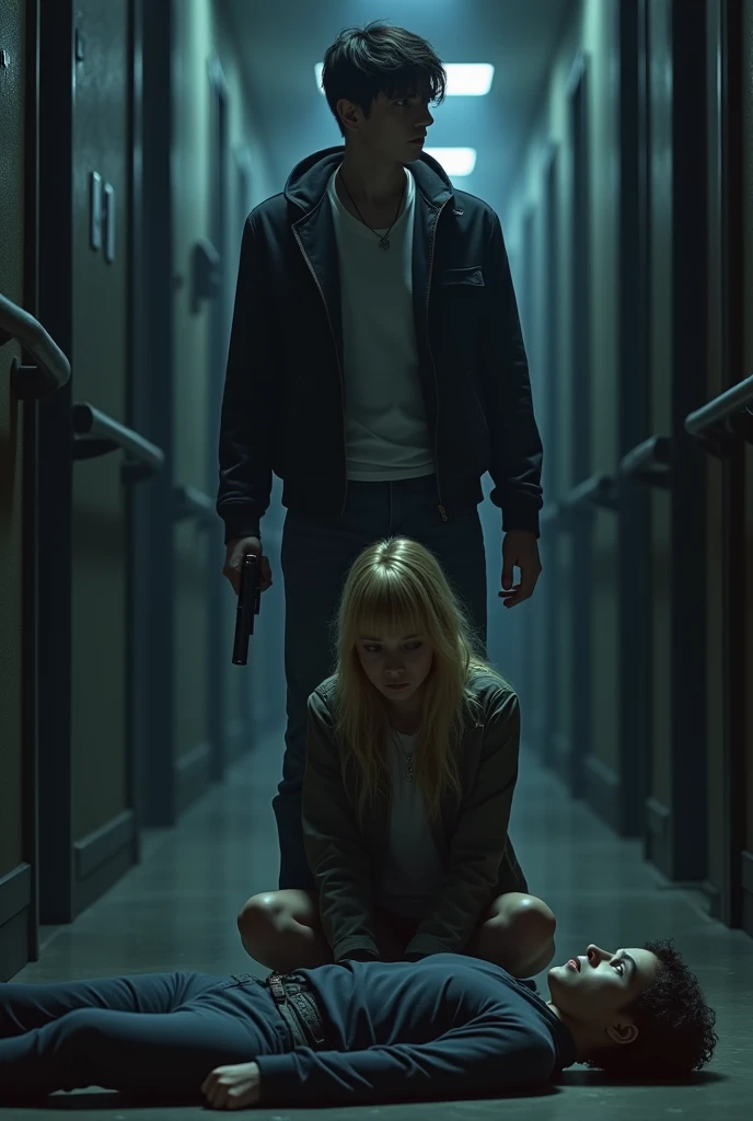 A dark-haired young guy with a gun in his hand is standing behind the scenes .  A young blonde girl is sitting next to his murdered friend on the floor