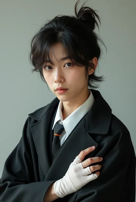  Hyperrealistic photograph of a boy of about 18 years old , brunette with ruffled pointed hair and ponytail ,  dressed as a Japanese schoolboy with an unbuttoned black coat and both hands bandaged.